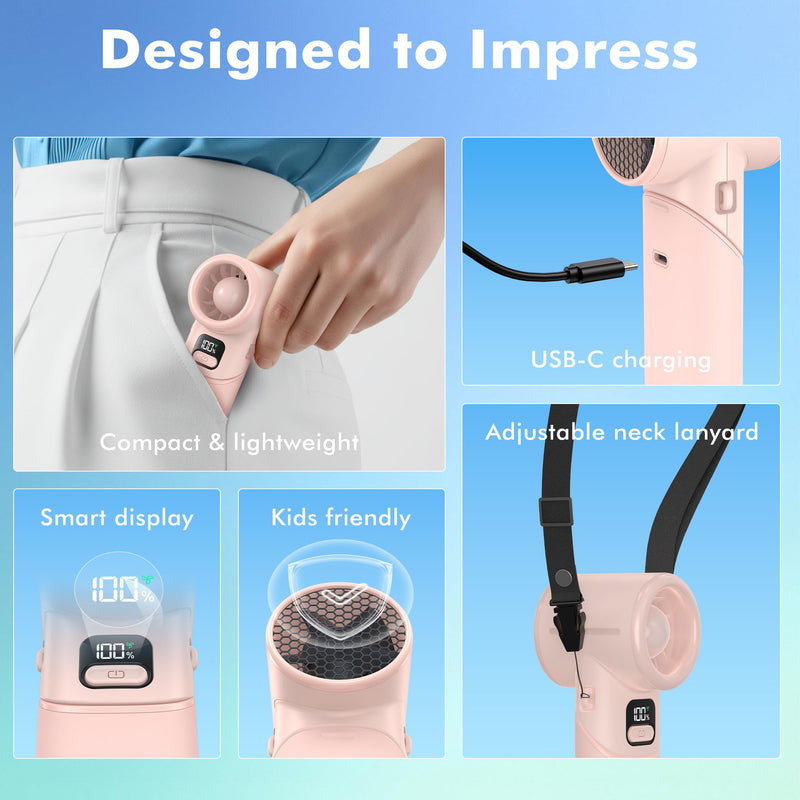 AMACOOL Portable Handheld Turbo Fan丨5 Speed Foldable Hand Fans丨Max 20 Hours Runtime丨Rechargeable Mini Pocket Cooling Fan for Travel, Outdoor Activities, Gifts for Women Pink