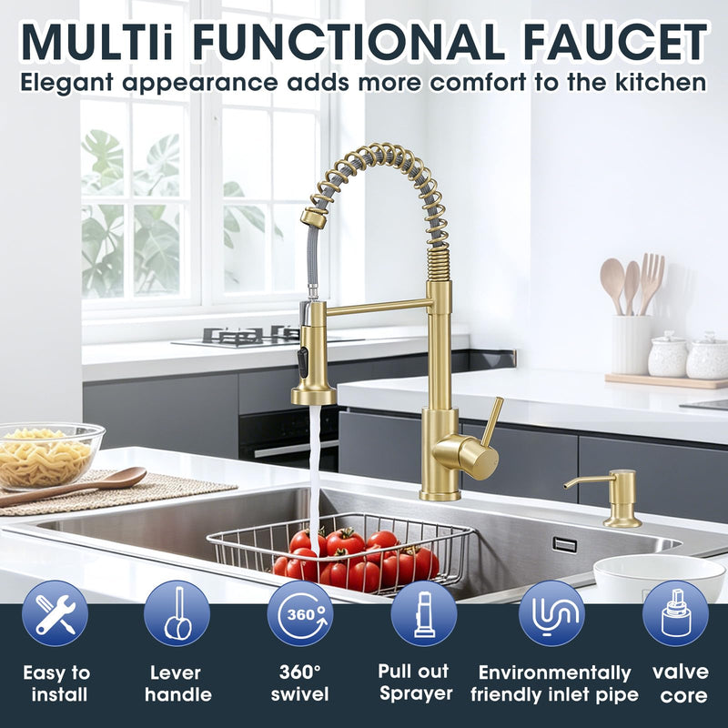 Kitchen Faucet with Pull Down Sprayer, Brushed Gold High Arc Single Handle Spring Pull Out Stainless Steel Faucet for Kitchen Sink, 2 Mode Utility Ideal for Laundry Camper Bar RV Room B-Gold Classic