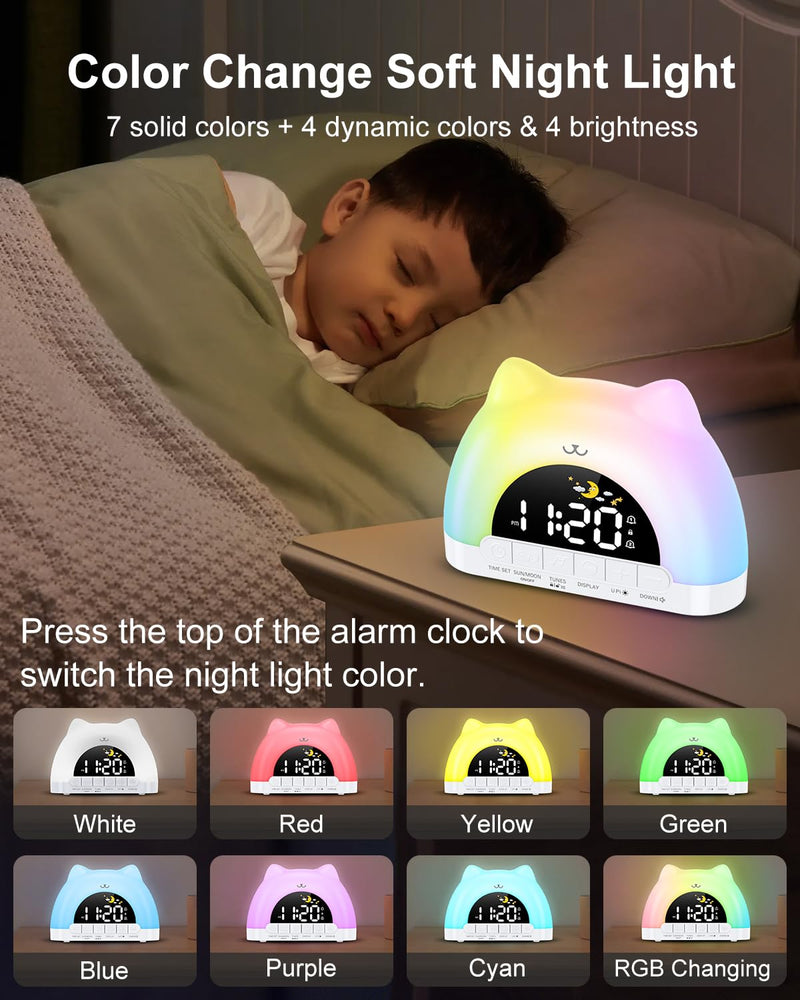Kids Alarm Clock, Wake Up Clock with 11 Colors Night Light, Toddlers Sleep Training Clocks with 10 Ringtones, Brightness Adjustment, Dual Alarms Plug in OK to Wake Clocks for Girls Boys Contemporary