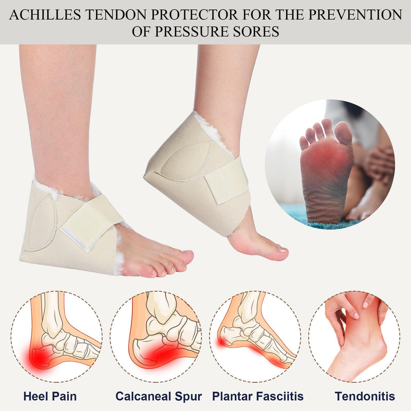 4 Pcs Heel Protector Boot Sheepskin Heel Protectors Soft Foot Cushions Pads with Securing Strap for Protect Feet Ankle Pressure Bed Sores(Beige) Beige