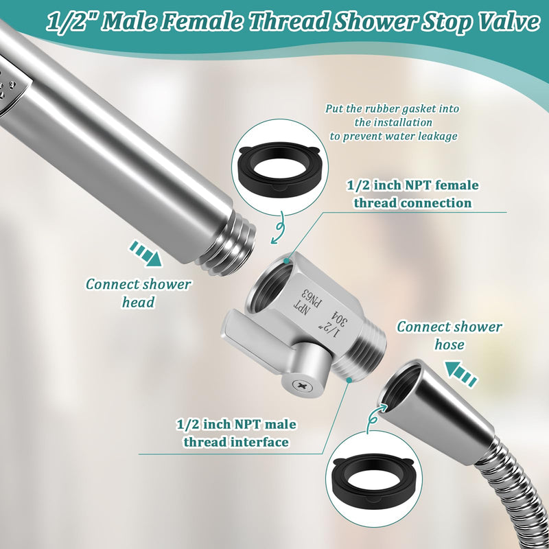 [2 Pack] Shower Head Shut Off Valve 304 Stainless Steel Mini Ball Valve(1/2" Female X Male) NPT Thread Water Flow Control，RV Shower Head with Hose Flow Restrictor 2 packs-1/2inch