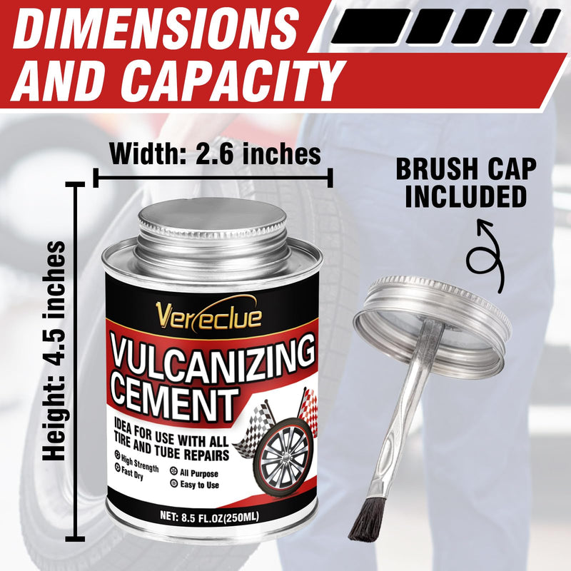 Chemical Vulcanizing Cement 8.5 FL.Oz, All Purpose Tire Repair Glue, Fast Dry Rubber Cement, Clear Patch Plug Kit with Brush Top Can for Car, Motorcycle, Bike
