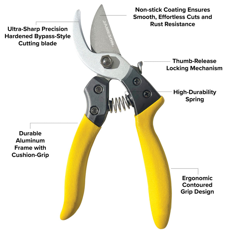 Jameson Bypass Pruning Shears – 3/4″ Cutting Capacity, Ultra-Sharp Non-Stick Blades, Durable Cast Aluminum Frame, and Ergonomic Cushion-Grip
