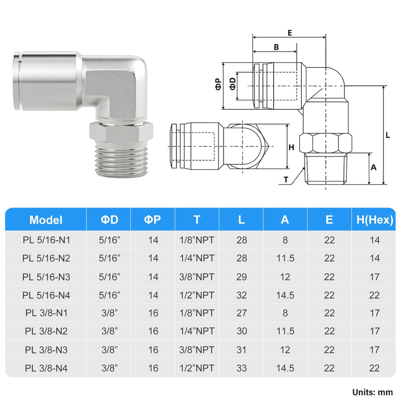 TAILONZ PNEUMATIC 304 Stainless Steel Male Elbow - 3/8 Inch Tube OD x 3/8 Inch NPT Thread 90 Push to Connect Tube Fitting PL-3/8-N3 (Pack of 2) 3/8''OD 3/8''NPT