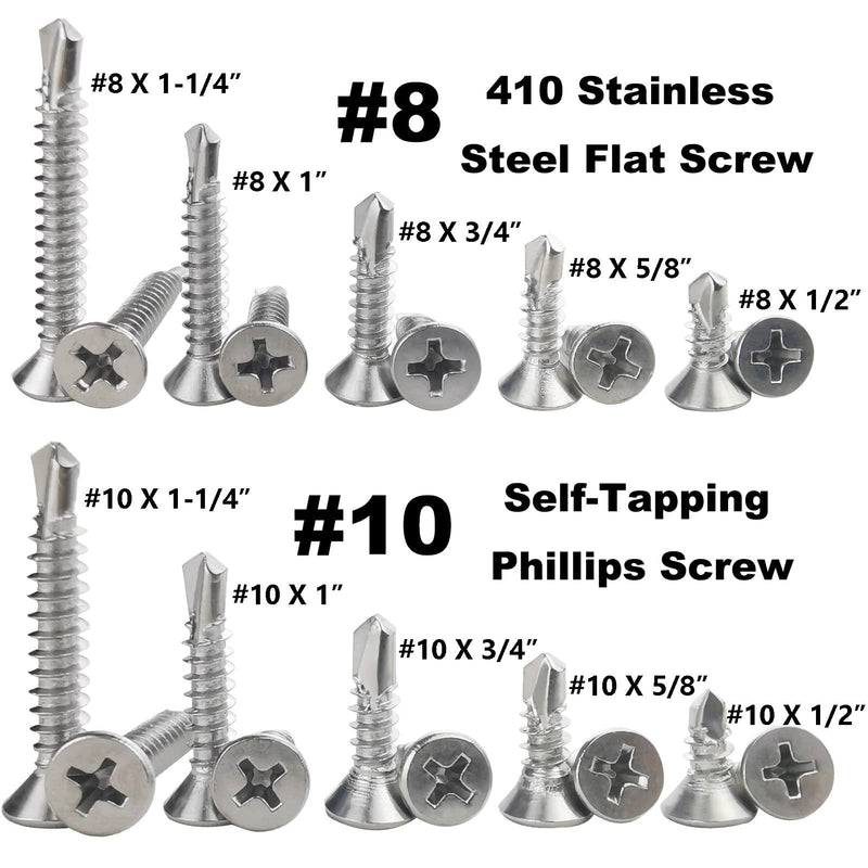60PCS #8 x 1-1/4" Sheet Metal Self Drilling Screws,410 Stainless Steel Flat Head Screws Phillips Head Self-Tapping Screws High-Strength Fast Sheet Metal Screws (1/2" to 1-1/4" Available) 60PCS #8 x 1-1/4"