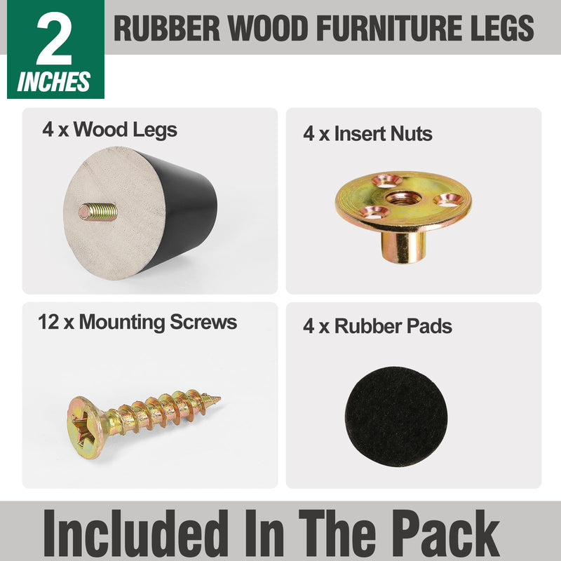 FoDau770 Black Rubber Wood Furniture Legs 2 Inches, Straight Tapered Wood Legs Mid Century Sofa Legs Set of 4, 5/16" UNC Furniture Feet Replacement Legs for Sofa Couch Dresser Chair Ottoman Table 2 Inch