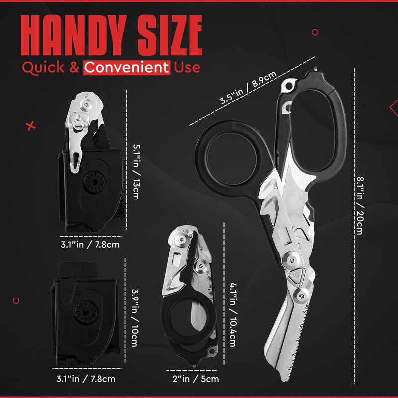 6 in 1 Multipurpose Emergency Trauma Shears Scissors with Holster , Outdoor Camping Rescue Tools with Glass Breaker , Strap Cutter Stainless Steel Foldable Scissors Pliers Black