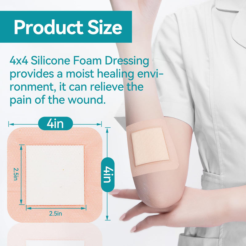 Dimora Ultra Soft Silicone Foam Dressing 4"x4" (10 Pack)- Upgraded Absorbency Wound Dressing with Widened Border, Adhesive Foam Bandages for Bed Sores, Burn, Ulcer, Surgical Wound, FSA/HSA Eligible 4x4 Inch