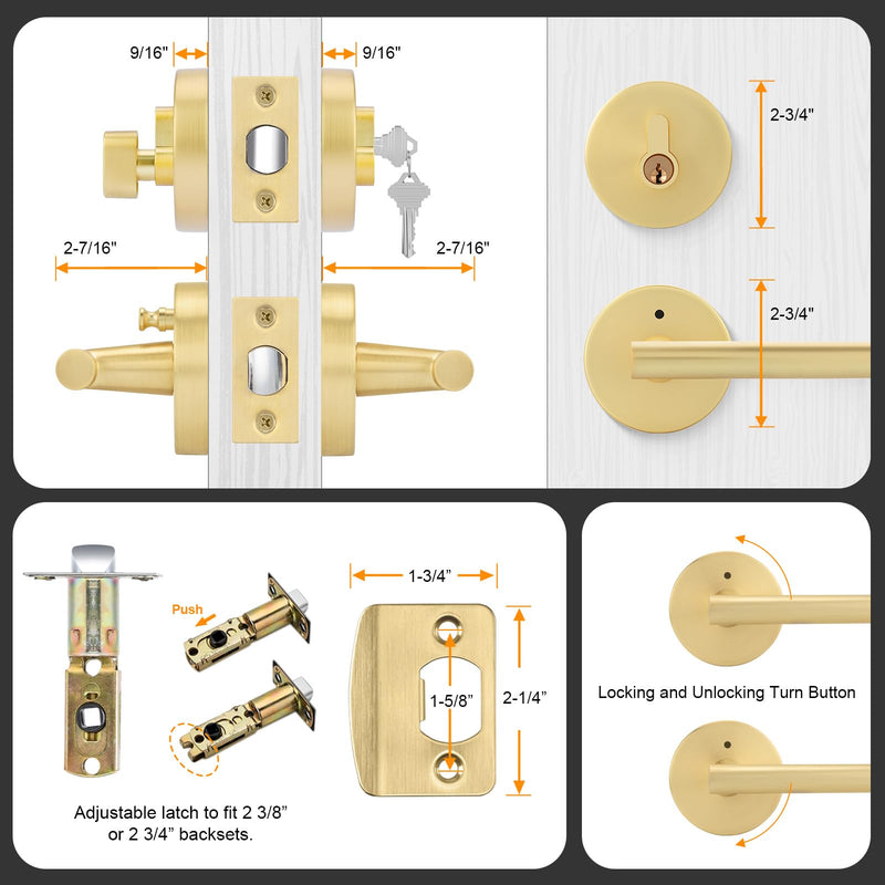 goldenwarm 1 Pack Exterior Gold Door Handle with Deadbolt, Single Cylinder Deadbolt and Entry Door Handle Set,Brushed Gold Front Door Lock Set Deadbolt Set