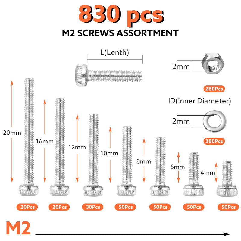 830 Pcs M2 Screws Assortment Kit M2 Nuts and Bolts M2*4mm/6mm/8mm/10mm/12mm/16mm/20mm Metric Machine Screw Kit, 304 Stainless Steel Hex Socket Head Screws Nuts Bolts and Washers Set A M2x4mm-20mm 830Pcs