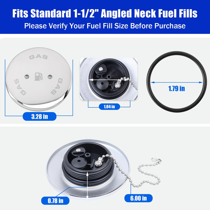 0540DPG99A Boat Gas Cap, Marine Fuel Cap for Perko 1-1/2" Angled Neck Vented Fuel Fills, Chrome Plated Bronze with Chain, O-Ring & Wrench