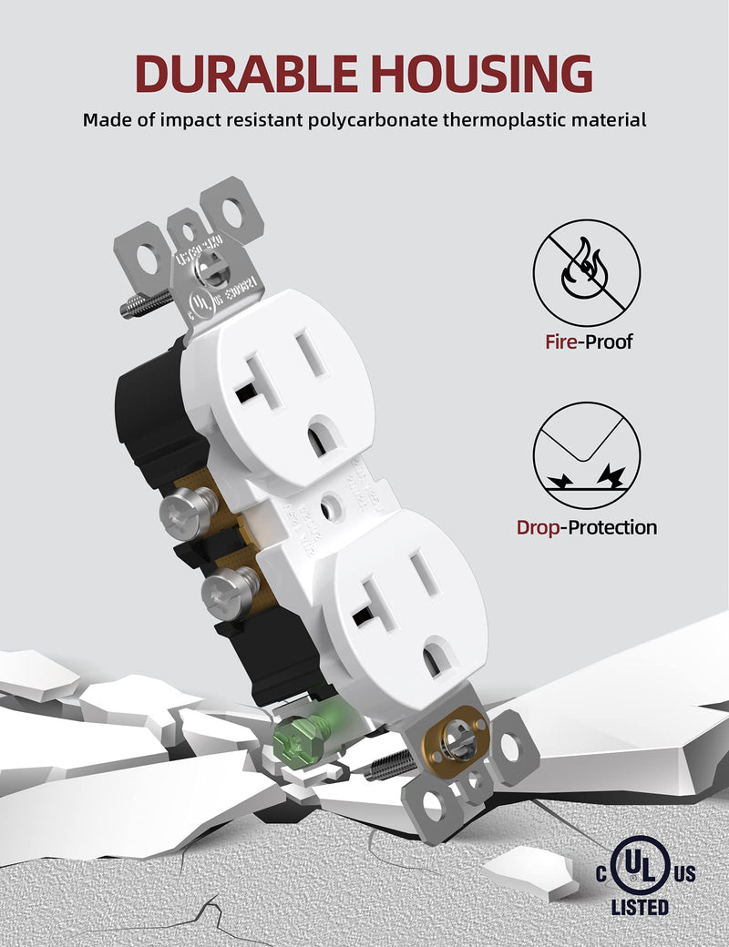 AIDA 20 Amps Outlets Duplex Electrical Receptacle Outlets, Electrical Outlet, 20Amp 125V Heavy-Duty Wall Outlet, Residential, 3-Wire, Self-Grounding, UL Listed, Side Wire (10 Pack, White) Without Wall Plate 10
