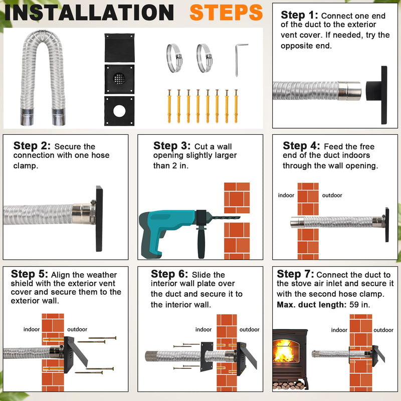 VICAMB Pellet Stove Vent Pipe Kit, Pellet Stove Fresh Airs Intake Kit
