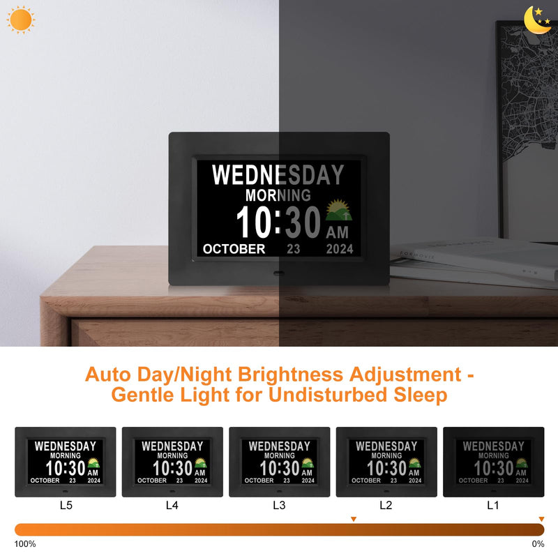 Digital Calendar Dementia Alarm Clock with Day and Date for Elderly - 15 Alarms 5 Colors Display Large Display Alzheimers Clock Large Digital Clock for Seniors (7in Black) 7''black