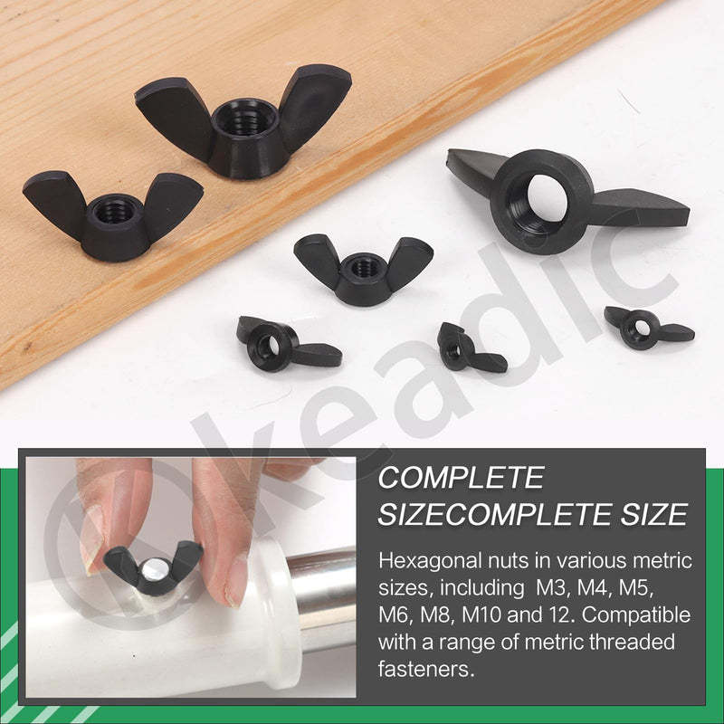 Keadic 110Pcs Nylon Metric Wing Nuts Assortment Set, M3 M4 M5 M6 M8 M10 M12 Hand Twist Tighten Ear Butterfly Nut Wingnuts for Home Building Industry (Black) Black