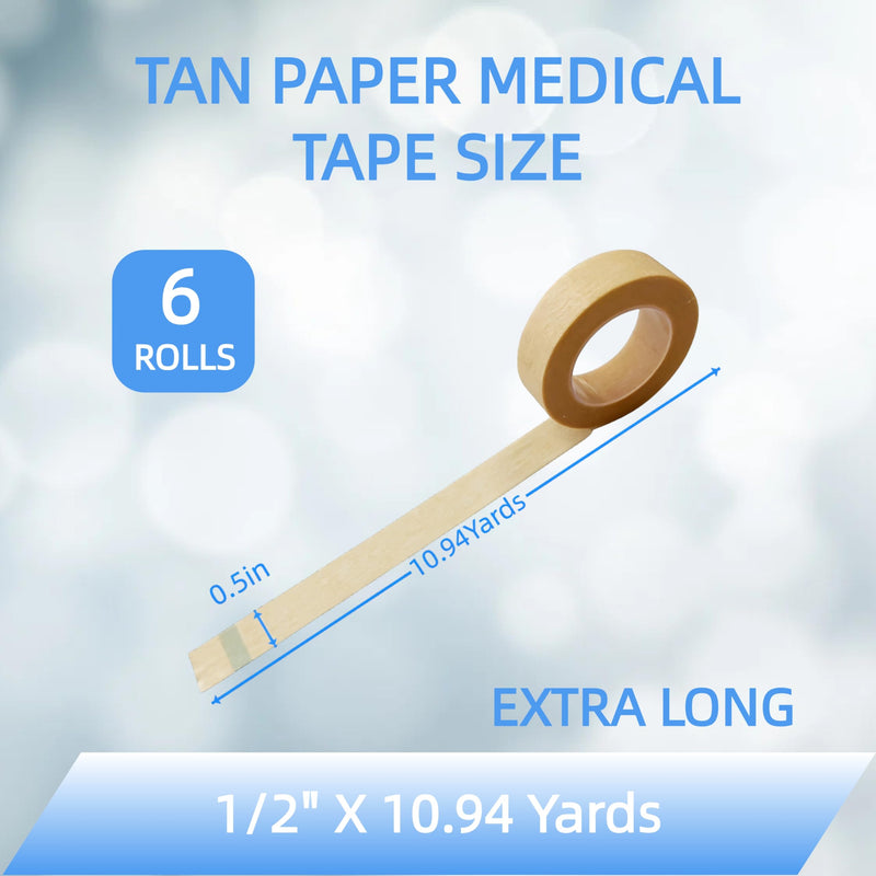 Hypoallergenic Soft Paper Medical Tape, 1/2inchX10.94Yards (6Rolls), Self Adhesive Tan Surgical Tape, Breathable and Medical Grade, Perfect for Sensitive Skin Wound Care, Individually Pack 1/2inchX10.94Yards-6Rolls
