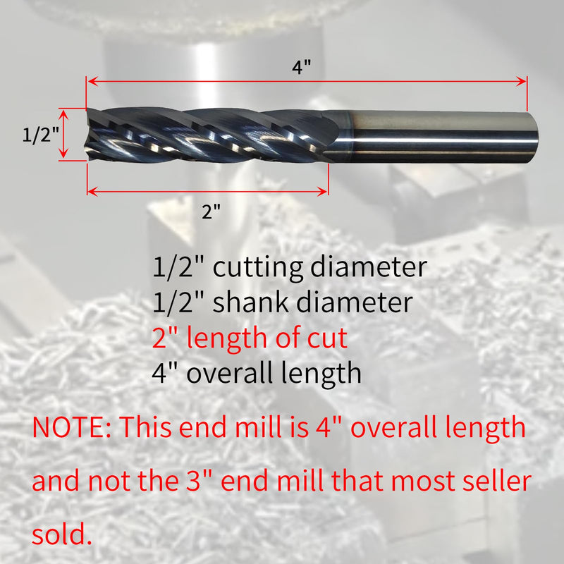 1/2" Carbide End Mill，1/2" Extra Long End Mill, 4" Overall Length, 4 Flute, Solid Carbide Square End Mill, 1/2" Cutting Diameter, 2" Length of Cut, Helix Angle: 30°,AlTiN Coated 1/2"*2"*4”