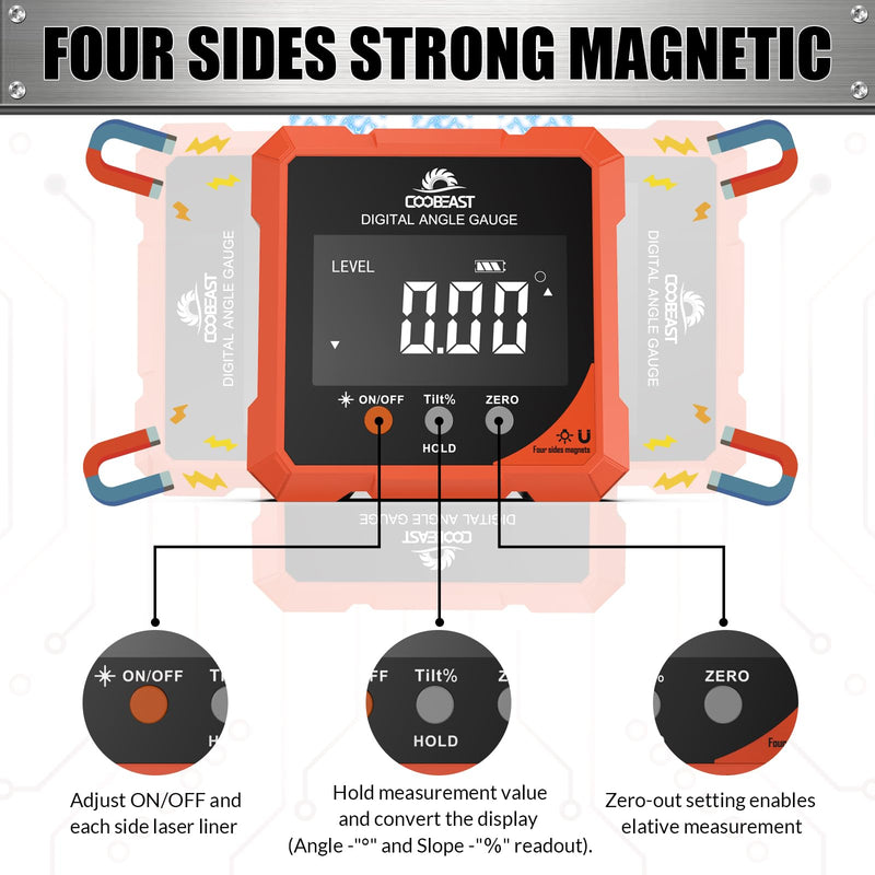 Digital Angle Finder Magnetic, Rechargeable Digital Angle Gauge, Mini Protractor Angle Finder Measuring Tool for Woodworking Tablesaw(Laser Level is Class II, Output<5mW), Gift for Men