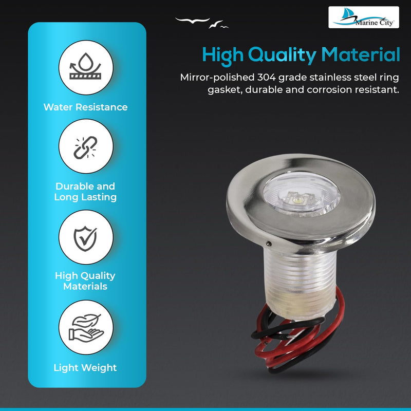 MARINE CITY Round Snap-in Flush Courtesy LED Light White, Waterproof, 1-1/2”, 304 Stainless Steel Ring, Corrosion-Resistant, 12V, IP68, for Boats, Yachts, Marine Accessories 4 Pcs