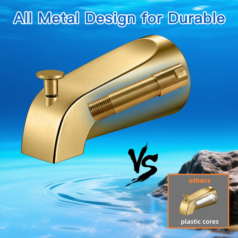 Tub Spout with Diverter, Heavy Duty All Metal Bathtub Faucet with Brass,Shower Slip-on Bathtub Faucet for 1/2 Inch Copper Pipe,5-3/8 Inch Bath Tub Faucet Replacement,Brushed Gold Brushed Gold