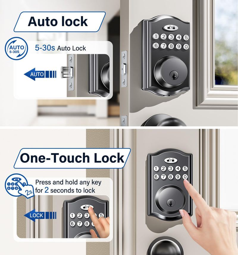 Keyless Entry Door Lock with 2 Knobs, Electronic Backlit Keypad Deadbolt with Handle Set, Auto Lock, One-time Codes, Smart Deadbolt for Front Door, Easy Installation (Matte Black) Matte Black