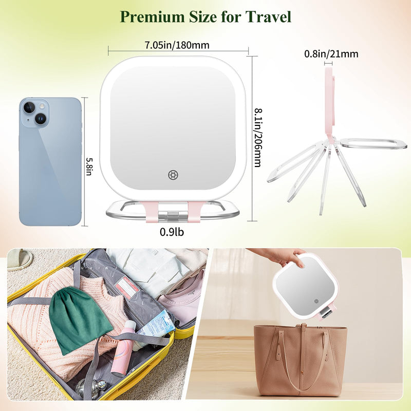 FUNTOUCH 30X Travel Magnifying Mirror with Light, 7" Rechargeable Double Sided Travel Vanity Mirror with Lights, 3 Color Lights & Adjustable Brightness, 300°Rotation, Gift for Women,Pink 7" Pink