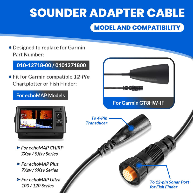 Replace for Garmin 010-12718-00 Sounder Adapter Cable, Connects 4-Pin Transducer to 12-Pin Fish Finder, for Garmin echoMAP Chirp/Plus/Ultra/UHD/UHD2 Series Fish Finders, 25-inch