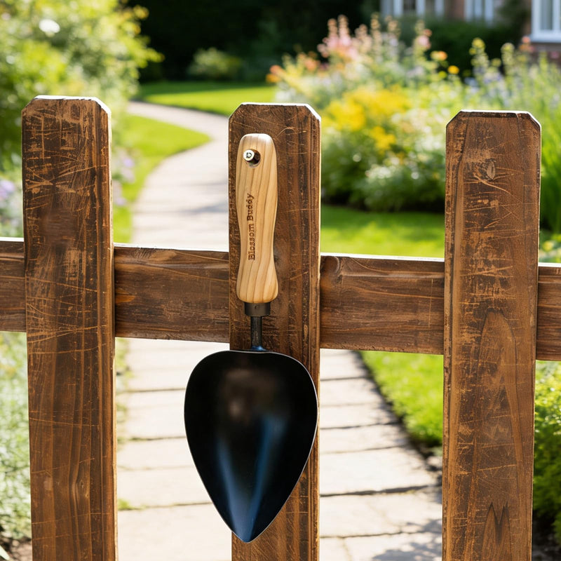 Garden Hand Scoop, Black Stainless Steel with Wood Handle, Traditional Style Heart-Shaped Planting Spade