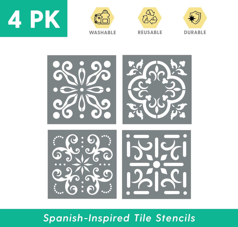 Pack of 4 Tile Stencil Set (4 x 4 inches), Mexican Pattern, Reusable Stencils for Painting Floors/Walls/Furniture, Fits 4” x 4” Tiles, DIY Talavera Mosaic Home Decor, Made in USA 4 x 4 Inches