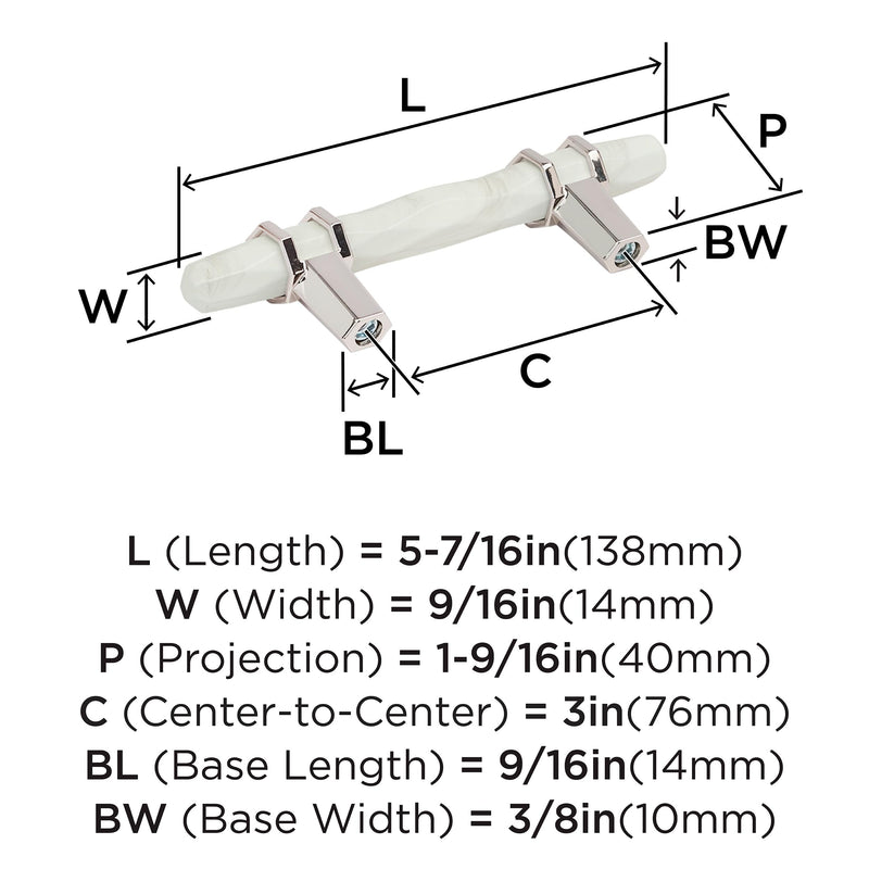 Amerock 3" Carrione Marble White/Polished Nickel Drawer Pull | 3 inch (76mm) Center-to-Center Mounting Distance and 5-7/16 inches Overall Length, Durable Zinc Cabinet Hardware 3 Inch (76 mm) Center-to-Center