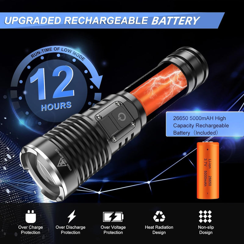 WINDFIRE Flashlights High Lumens Rechargeable, Super Bright LED Flashlight, Powerful Tactical Flashlights, Brightest Waterproof Zoomable Handheld Flash Light High Powered for Camping Emergencies L-8066