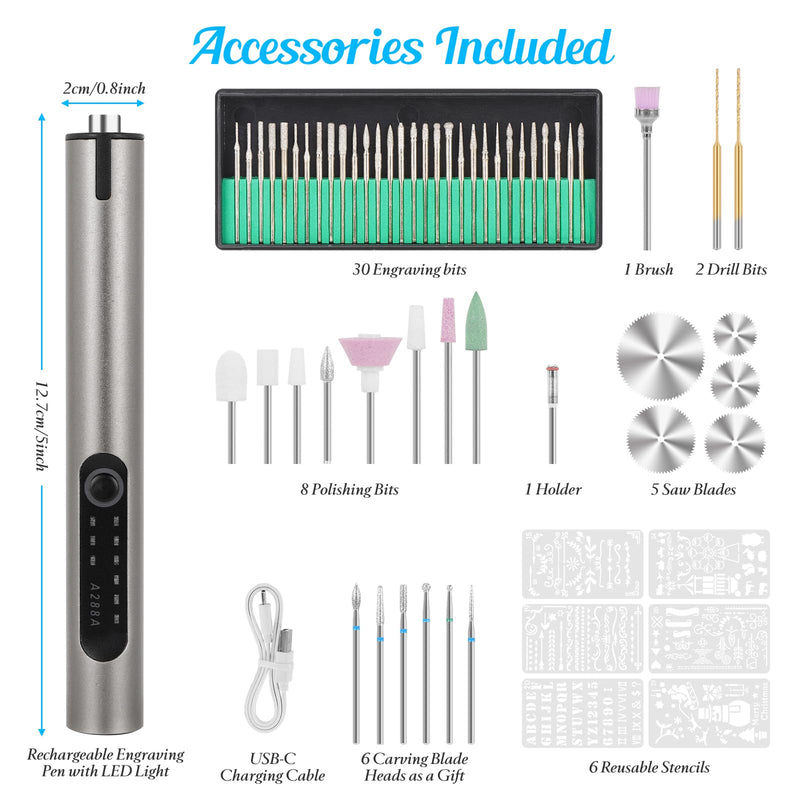 CHEGIF Engraving Pen, USB Rechargeable Cordless Engraver Pen with 51 Bits & LED Light Customizer Engraving Pen for Metal, Wood, Glass and Plastic Portable Engraving Kit for DIY Etching Gifts