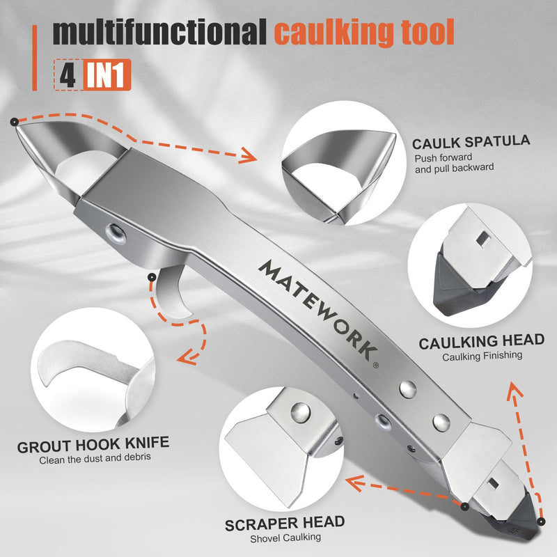 Caulking Tool Kit, Stainless Steel Caulk Remover Caulking Tool Set with Cut Resistant Gloves, Scraper, Silicone Caulking Tools, 4 in 1 Caulking Finishing Tool for Bathroom Kitchen Living Room Silver kit