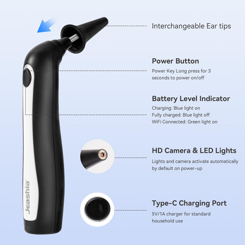 Digital Otoscope with Light, WiFi Ear Scope with 720P HD Camera, 10-Level Adjustable LED, Type-C Charging, Includes 8 Disposable Tips (4mm & 5mm)