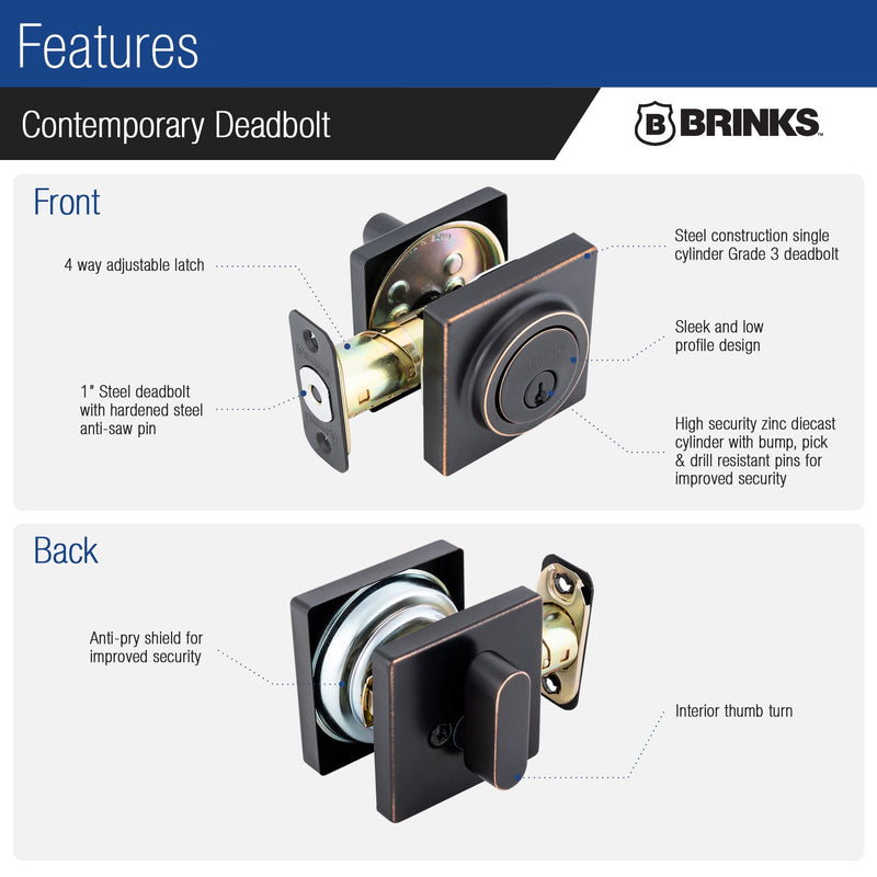 BRINKS – Deadbolt Lock, Single Cylinder Dead Bolt - Tuscan Bronze - Square Exterior Keyed Front Door Entry – Contemporary Modern Finish