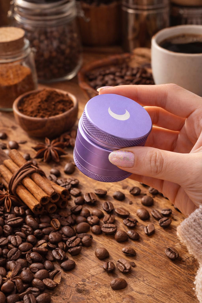 Brando Moon Small Manual Tea, Spice and Seeds Grinder – 1.6” Spice Kitchen Crusher with Cleaning Scraper, for Camping and Outdoor Purple