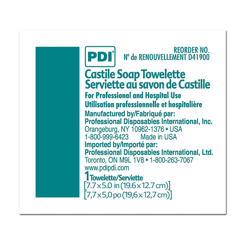 PDI Castile Soap Towelette - Premoistened Facial Cleansing Wipe with Coconut Oil, Great for Travel - Individual Packet, 7.7 in. x 5in., 100 Count, 1 Pack 100 Count (Pack of 1)