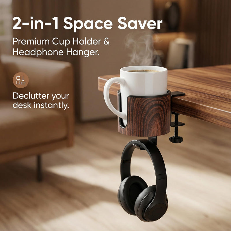 Luxury 2-in-1 Desk Cup Holder with Headphone Hanger for Office, Home, Gaming(Wooden Design) WOODEN DESIGN