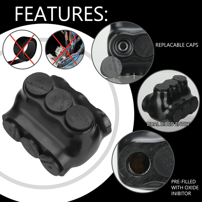 5 Pack Black Multi Cable Connector Insulated Multi Tap Connector 3 Wire Port Splice Dual Sided Entry Prefilled with Oxide Inhibitor (2/0-6awg) 5 2/0-6AWG