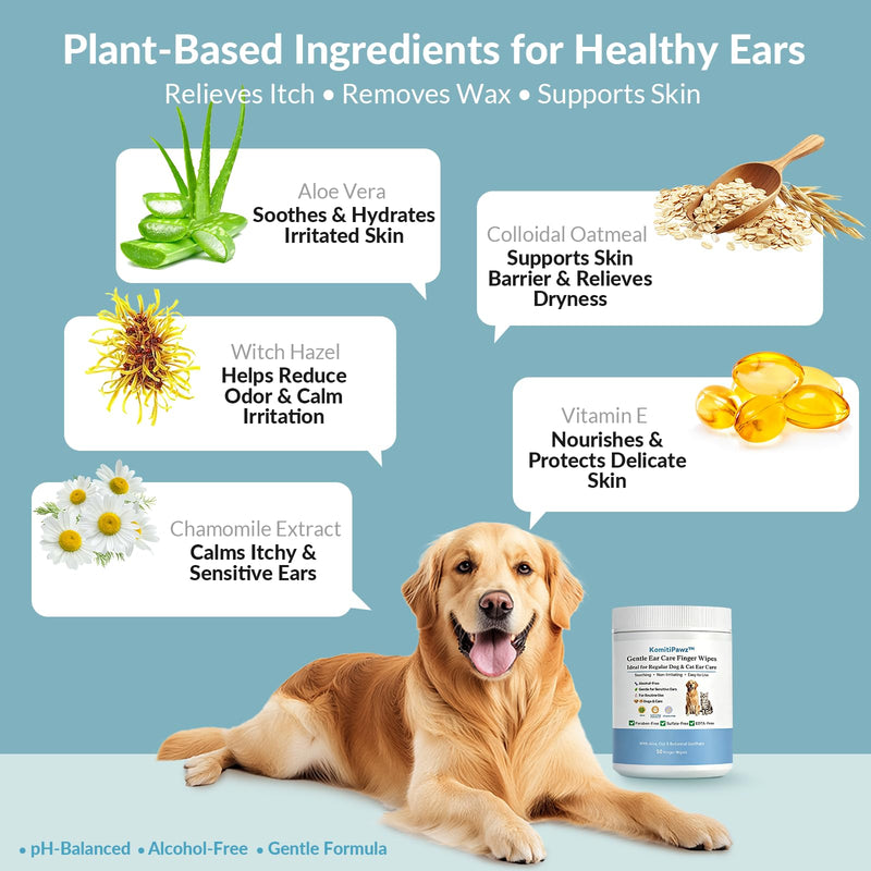 Dog Ear Finger Wipes for Dogs & Cats, Removes Ear Wax & Buildup, Better Than Ear Drops, Larger No-Slip Finger Fit for Better Control, Aloe Vera & Witch Hazel, Gentle for Sensitive Ears - 50 Count