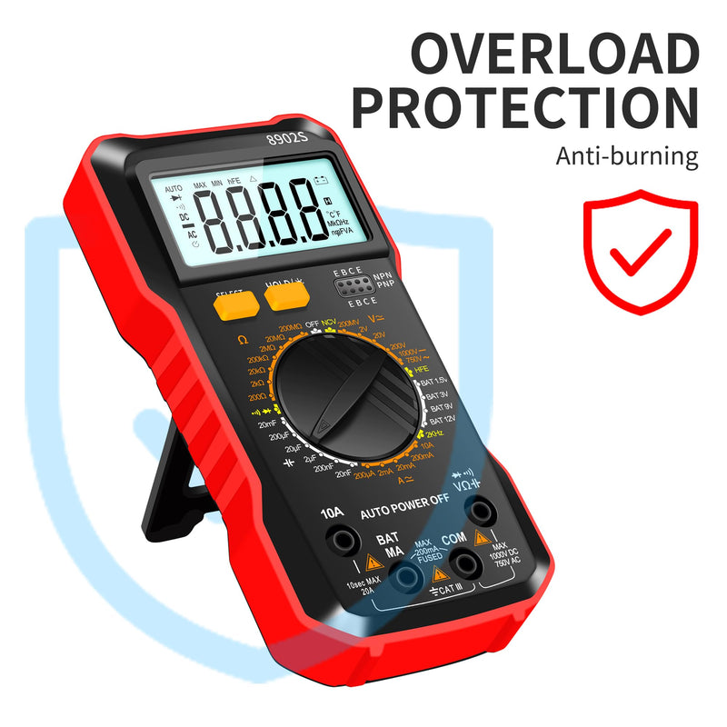 Digital Multimeter Multi Tester 2000 Counts Manual-ranging Measurable DCV ACV DCA ACA Capacitance Resistance Frequency with Over Range Protection Backlight LCD Displaying Back Bracket