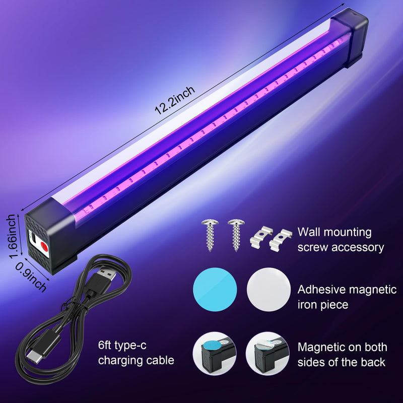 2 Pack Rechargeable LED Black Light Bar, Battery Operated Black Lights, Battery Powered Black Light Strip, Cordless Blacklight for Body Paint Tapestry Poster Party 2 Pack