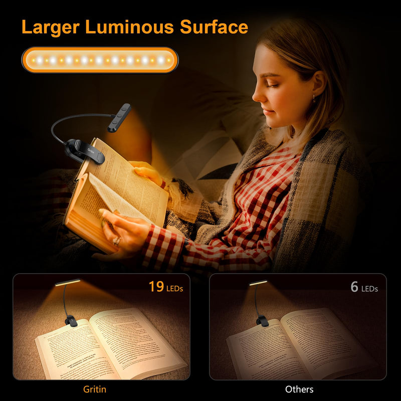 Gritin Rechargeable Book Light for Reading in Bed with 19 LED &Memory Function-Eye Caring 3 Color Temperatures,5 Brightness Levels,80 Hrs Runtime Flexible Goose Neck Clip on Light for Book Lovers Black