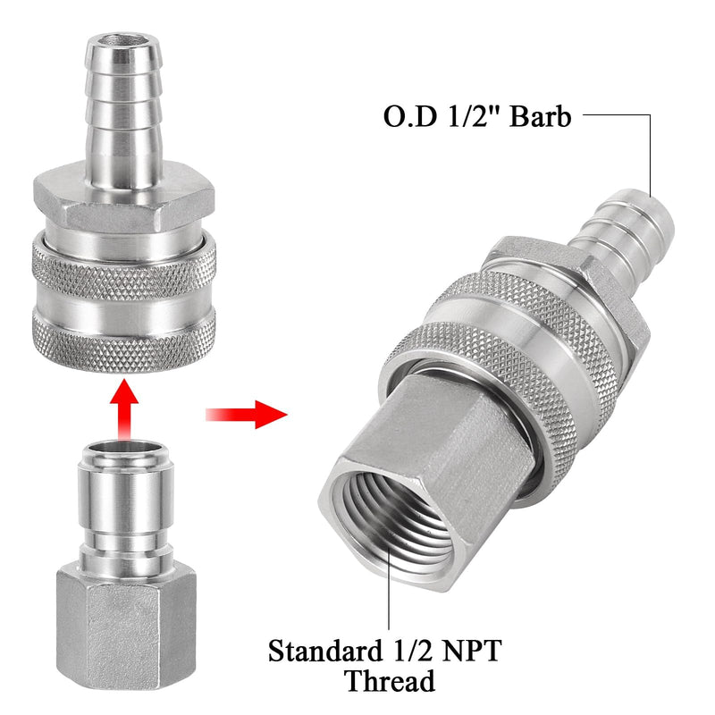 Beer Quick Disconnect Set Brewing Connector Kits, Stainless Steel 1/2 NPT Male Quick Disconnect 1/2” Female Quick Disconnect Fittings for Wort Pumps & Chiller with Sealing O-Ring (2 Pairs) 2 Pairs