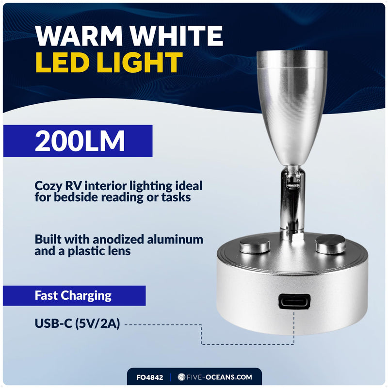 Five Oceans LED Reading Light with Touch Dimmer on Base/Housing/Swivel, USB-C Port, Warm White 200LM, Silver Housing, 10-28V, RV Interior Lights for Boats, RVs, Trailers - Wall Mount - FO4842