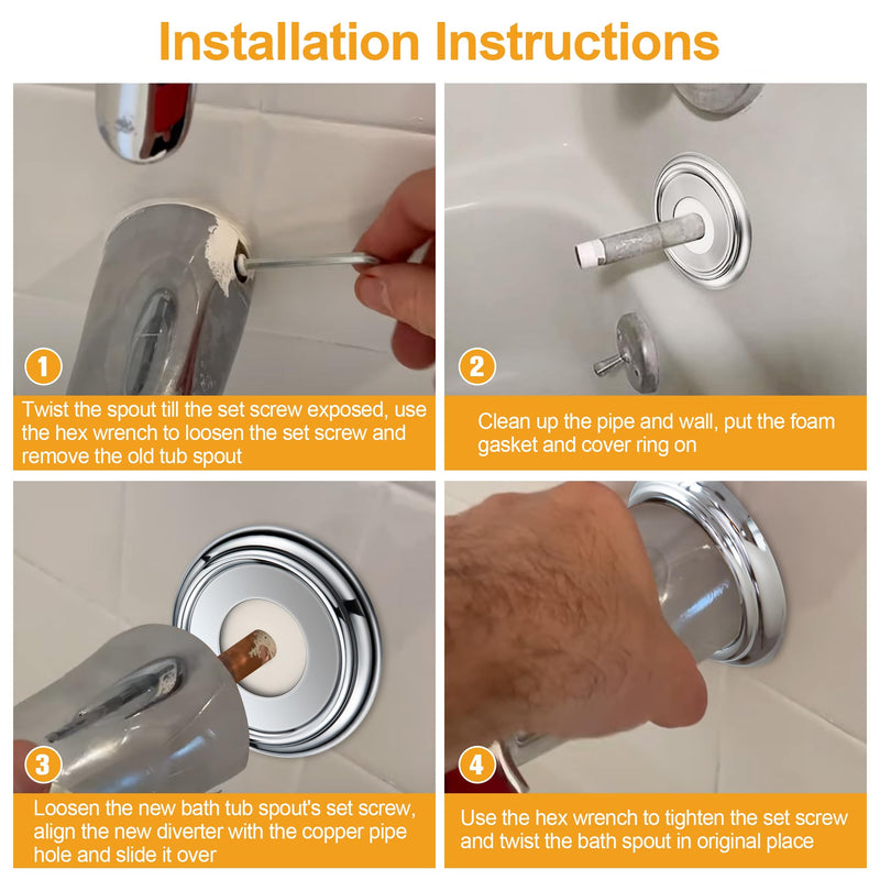 Dreyoo Slip On Diverter Tub Spout with Metal Cover Ring and Foam Gasket, Compatible with Kohler GP85556-CP, Bathroom Bathtub Faucet Set Replacement Fits 1/2'' Copper Water Tube (Polished Chrome) Polished Chrome