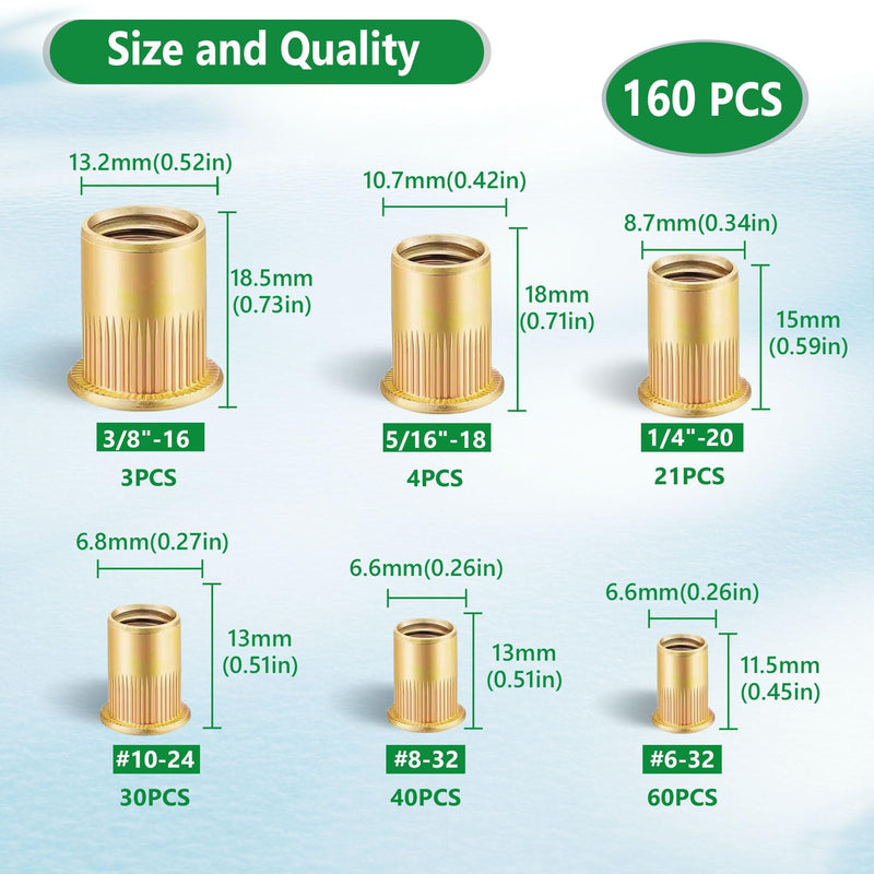 160PCS Rivnuts Nutserts Kit, SAE Rivet Nuts Assortment Kit - 1/4-20, 3/8-16, 5/16-18, 10-24, 8-32, 6-32 - Zinc Plated Carbon Steel for Metal, Plastic, Fiberglass 160PCS SAE Silver