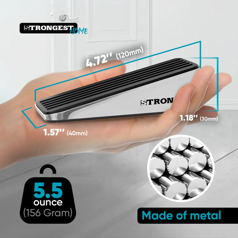 Strongest Home Door Stopper, Heavy Duty Door Stop Wedge Made of Premium Quality Zinc and Rubber Suits Any Door, Any Floor, Plus Set of 2 Self-Adhesive Wall Bumpers Black Silver 2 Pack