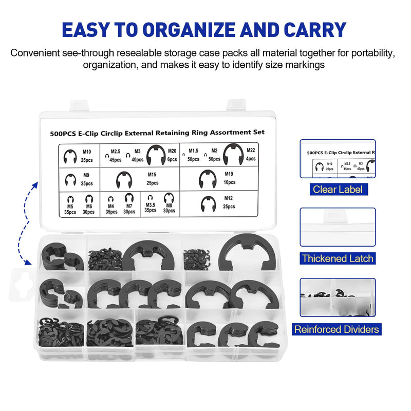 500Pcs E-Clip Circlip Assortment Set, External Retaining Clips Assortment Set, Alloy Steel Circlip Kit, Anti Walk Washers, Includes 17 Sizes of M1.5-M22 E-Clip 500PCS