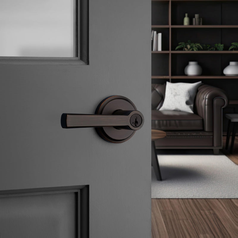 Kwikset Trafford Entry Door Handle with Lock and Key, Secure Keyed Reversible Lever Exterior, for Front Entrance and Bedrooms, Venetian Bronze, Pick Resistant Smartkey Rekey Security and Microban Keyed Entry